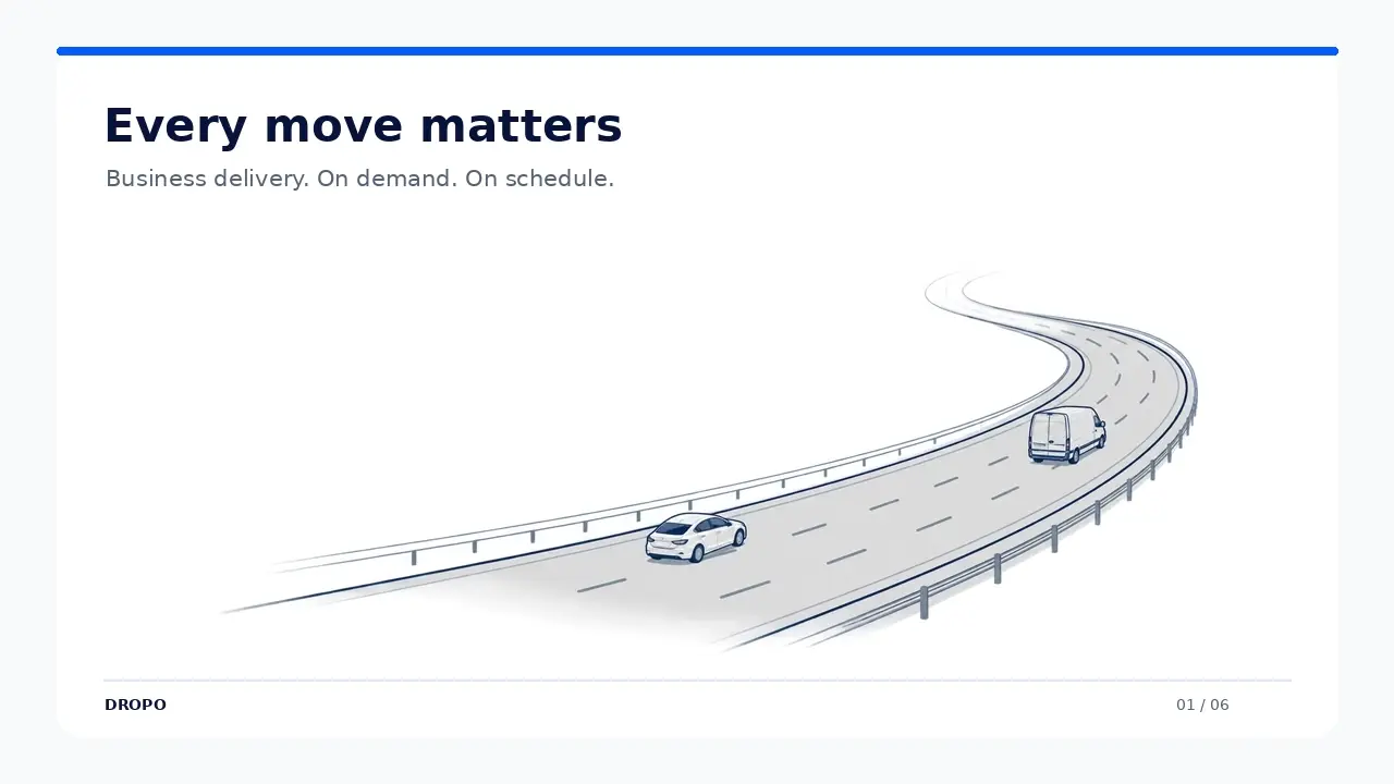 Opening frame of the Dropo delivery journey animation showing a pickup-to-delivery route