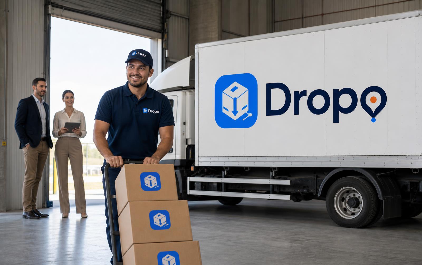 Dropo-branded box truck at a commercial warehouse dock while a Dropo driver delivers Dropo-branded cartons to a business team
