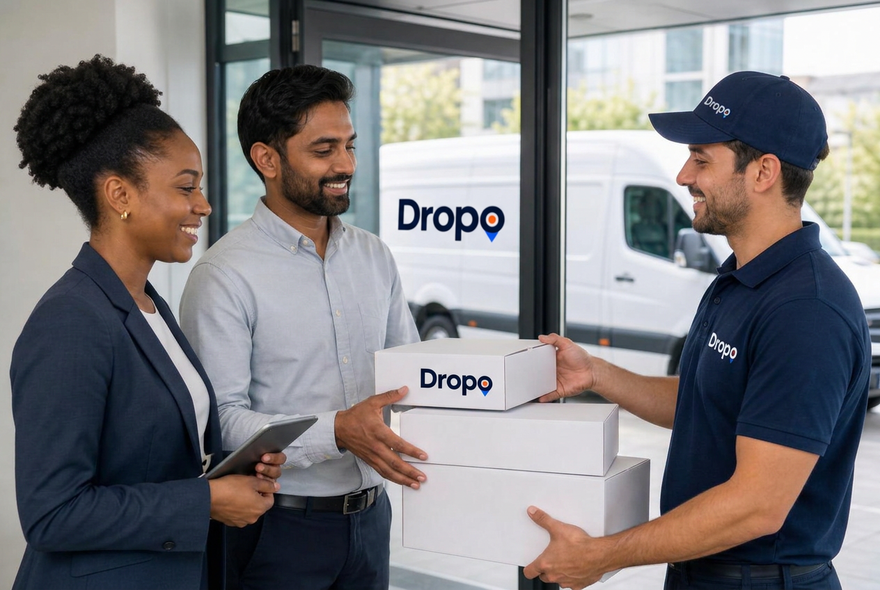 Dropo driver in Dropo-branded apparel handing Dropo cartons to two smiling business employees at a commercial receiving entrance