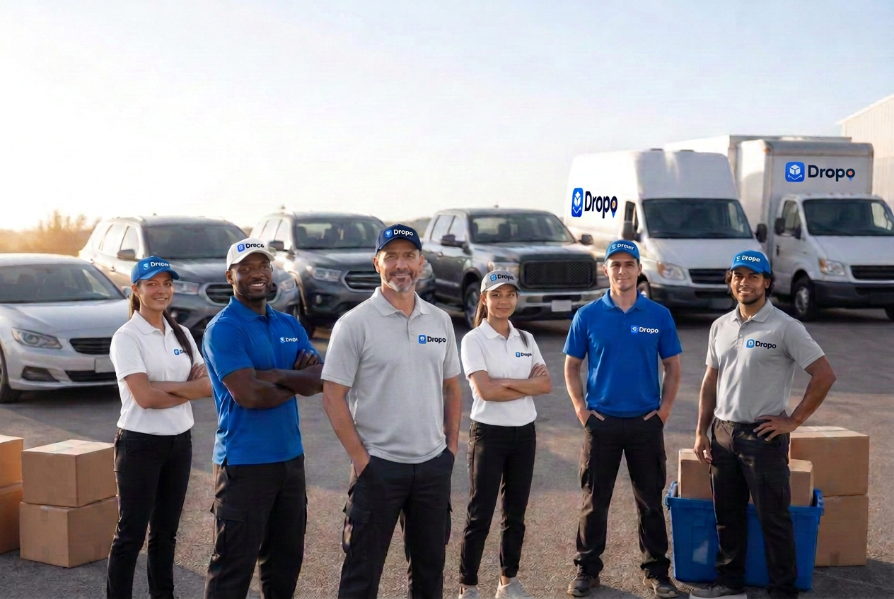 Dropo delivery drivers standing with a sedan, compact SUV, standard SUV, pickup truck, cargo van and box truck