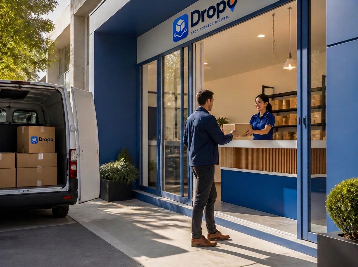 Bright modern Dropo Store with a Dropo-branded package counter, employee, customer and Dropo cargo van outside