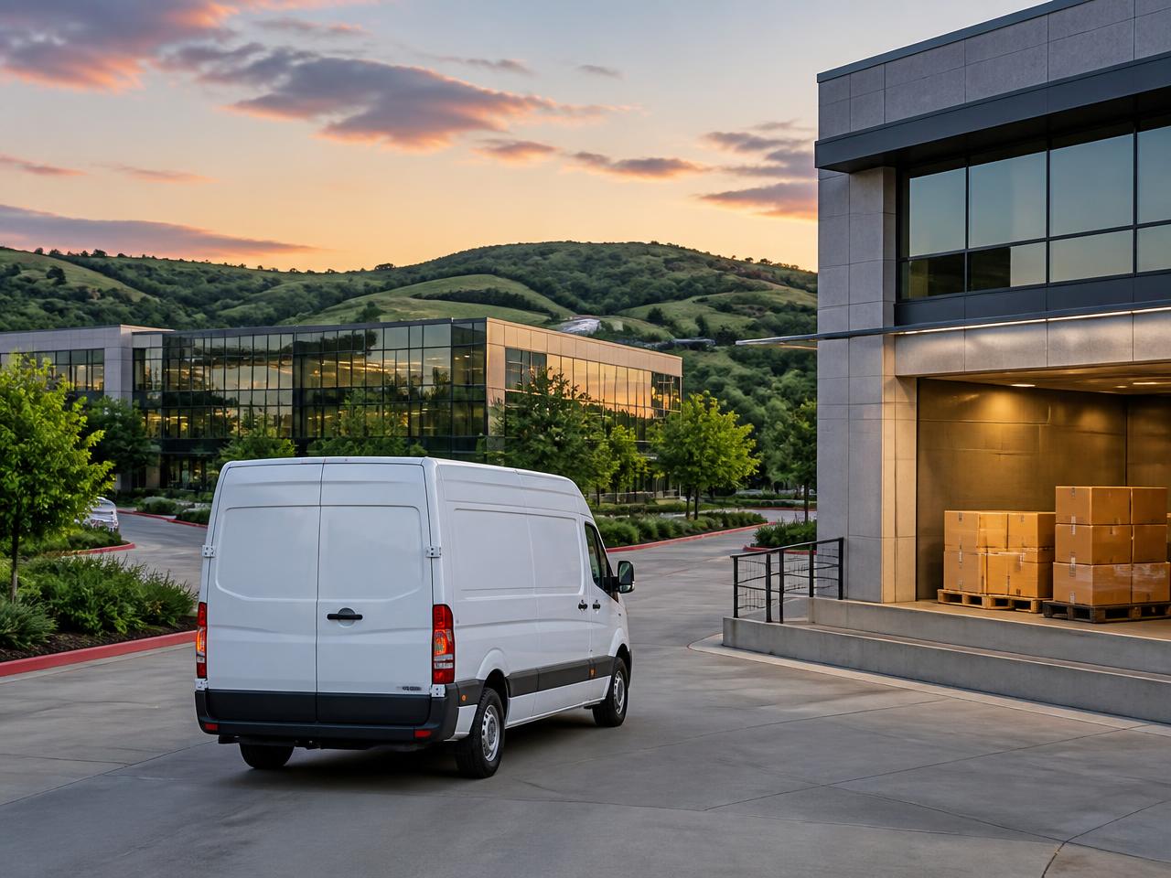 White unbranded cargo van leaving a Central Texas business park loading dock stacked with cartons