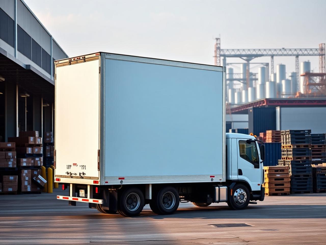Unbranded white box truck at a Southeast Texas distribution warehouse loading bay with pallets and crates