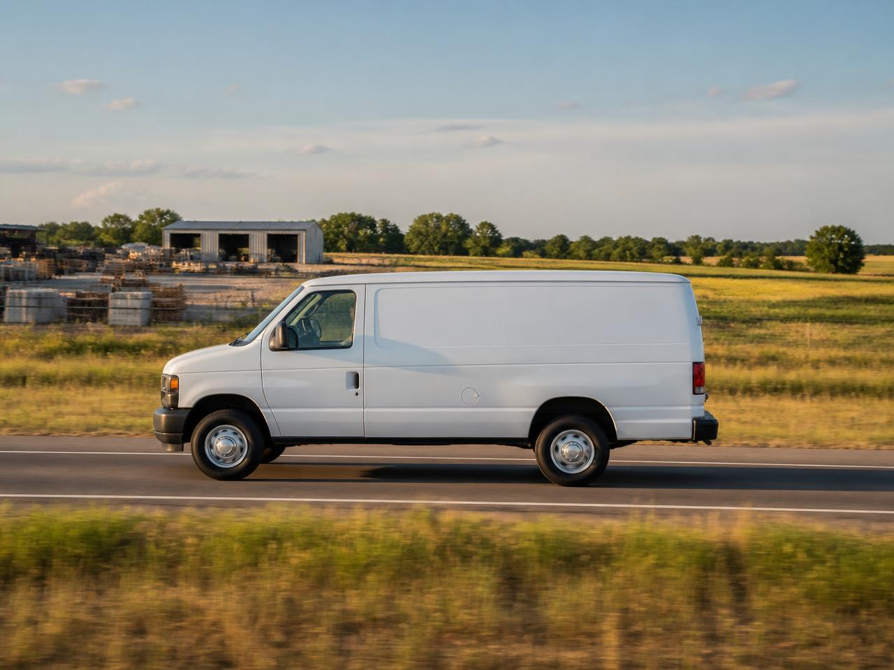 White unbranded cargo van traveling a regional highway past an industrial supply yard in Oklahoma or Arkansas
