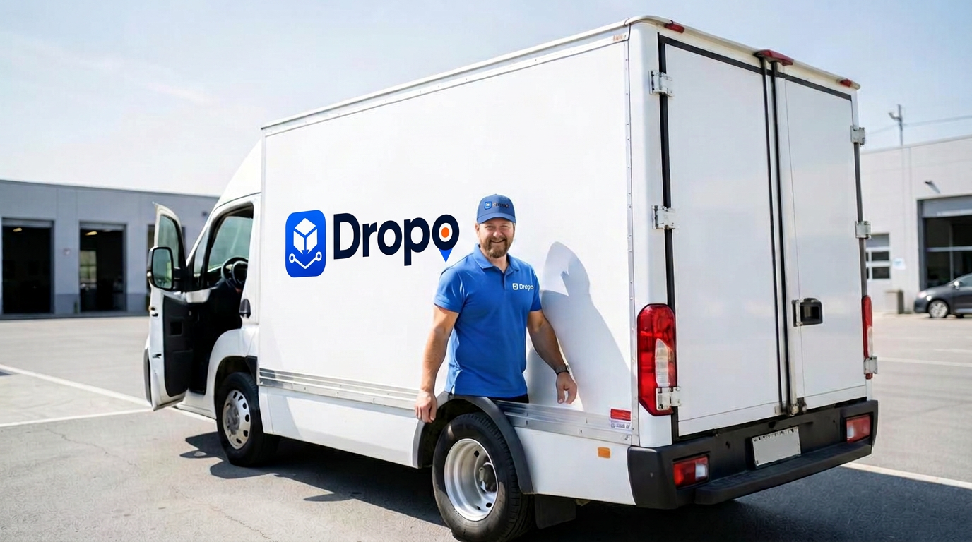 Professional driver beside a clean, unbranded cargo van in a business park