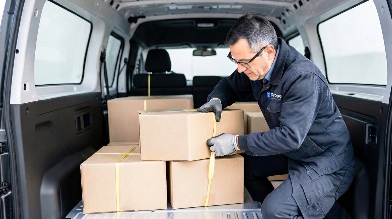 Courier securing plain cardboard boxes with straps inside a clean van