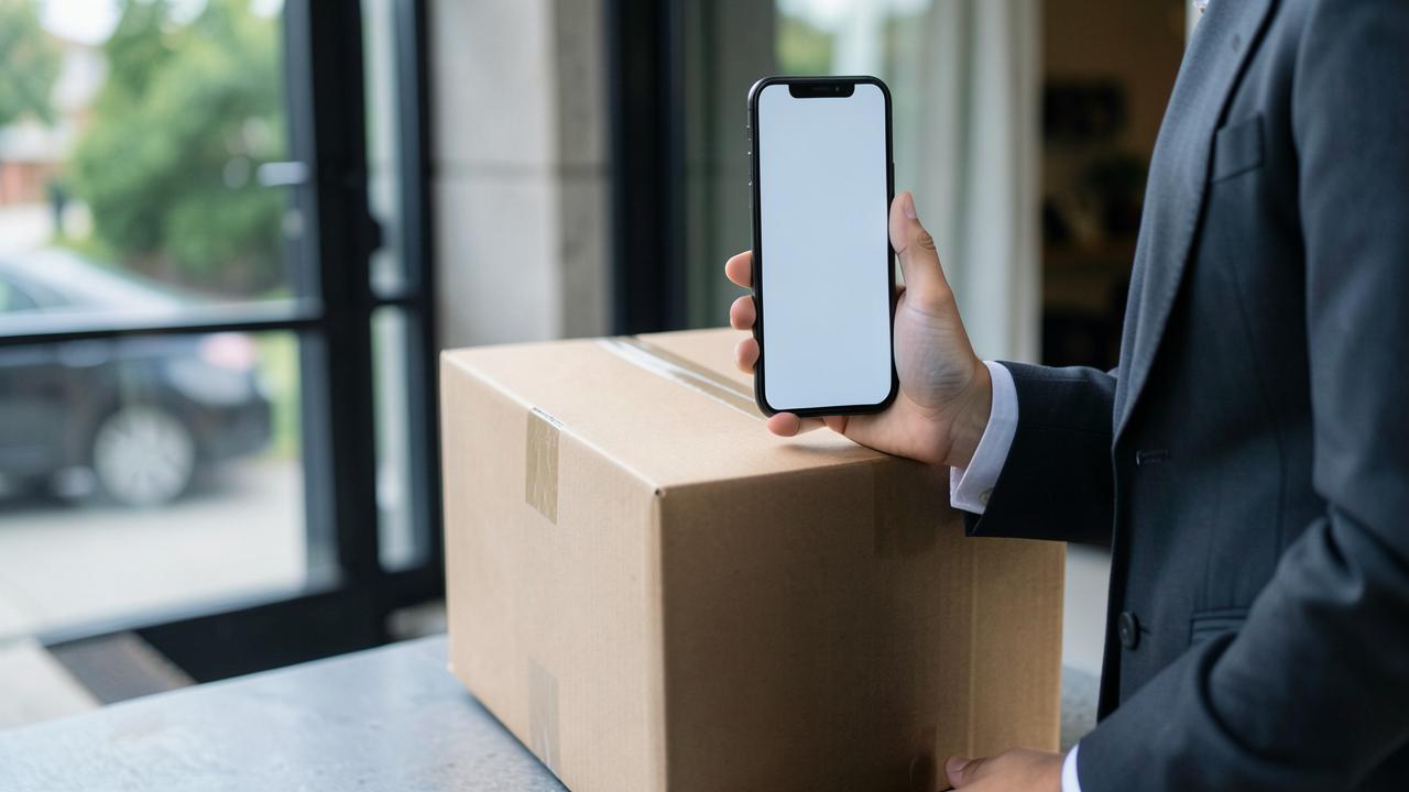 Courier photographing a plain box at a business entrance