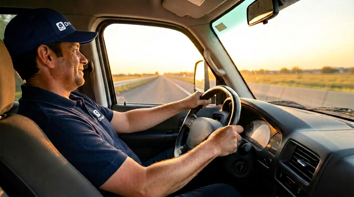 Driver with seat belt fastened, hands on the wheel, open road ahead