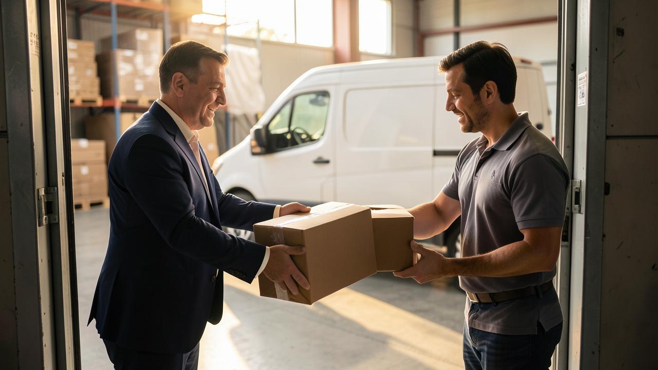 Business owner handing sealed, unlabeled boxes to a courier at a warehouse door