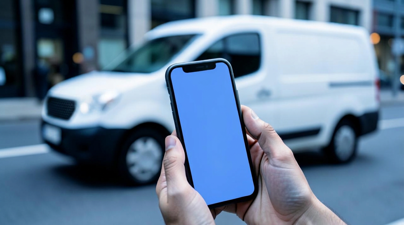 Hands holding a phone with a blank screen on a city street