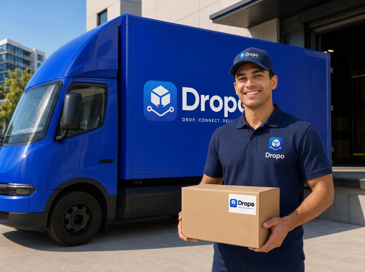 Professional Dropo driver in a branded polo beside a Dropo box truck